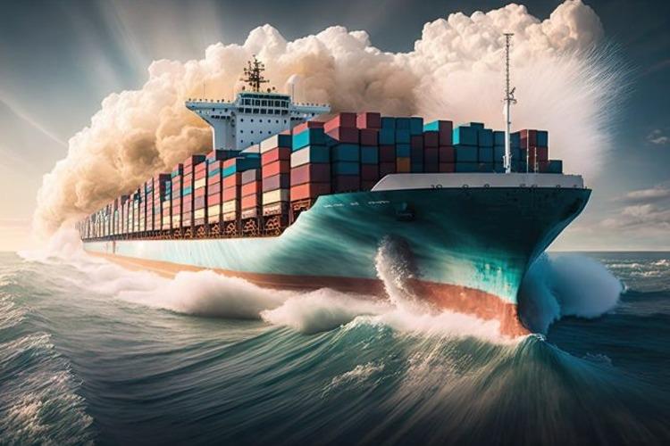 Et stort containerskip seiler gjennom bølger med fargerike containere og røykskyer i bakgrunnen.