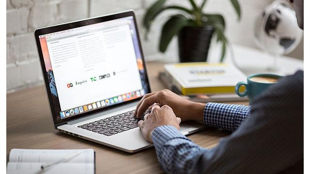 En person skriver på en laptop med en plante og bøker i bakgrunnen.