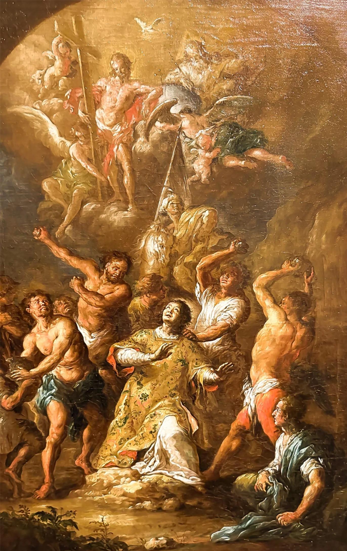 En maleri av en religiøs scene med flere figurer, inkludert engler og mennesker, i dramatiske positurer.