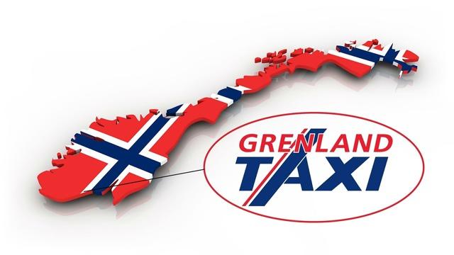 Norge kart med flaggdesign og teksten "Grenland Taxi" i rød og blå farge.