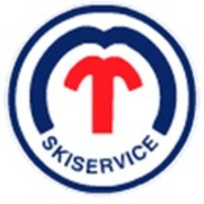 Logo for Skiservice med en rød og blå design, inkludert en stilisert snøbrettform.