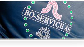 Logoen til BO-SERVICE AS med fargerike detaljer og sirkler på en mørk bakgrunn.