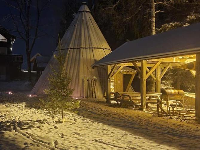 Telt i snødekt hage om natten, med en trebygning og lys som skaper en koselig atmosfære.