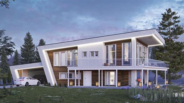 Moderne enebolig med skråtak, store vinduer og carport, omgitt av trær i skumringen.