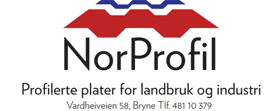 Logo for NorProfil, som tilbyr profilerte plater for landbruk og industri, med kontaktinformasjon.