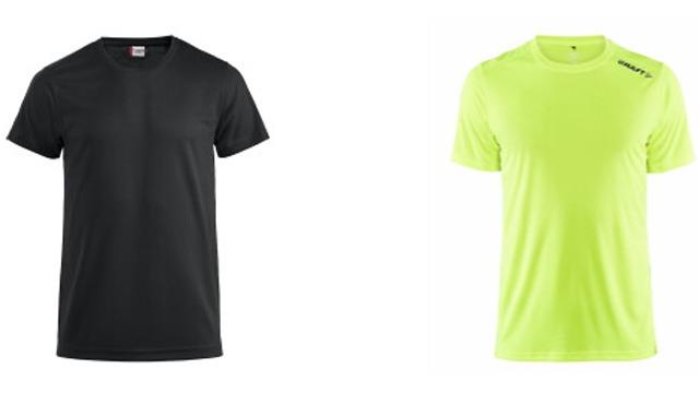 To t-skjorter, en svart og en neon grønn, begge med kort erme og sporty design.