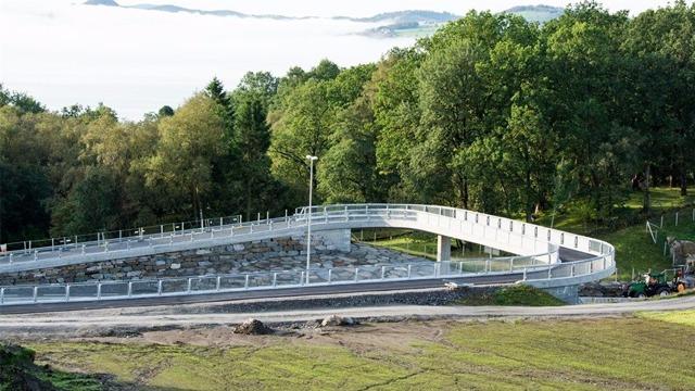 En moderne betongbro som svinger gjennom et grønt område med trær og en klar himmel i bakgrunnen.