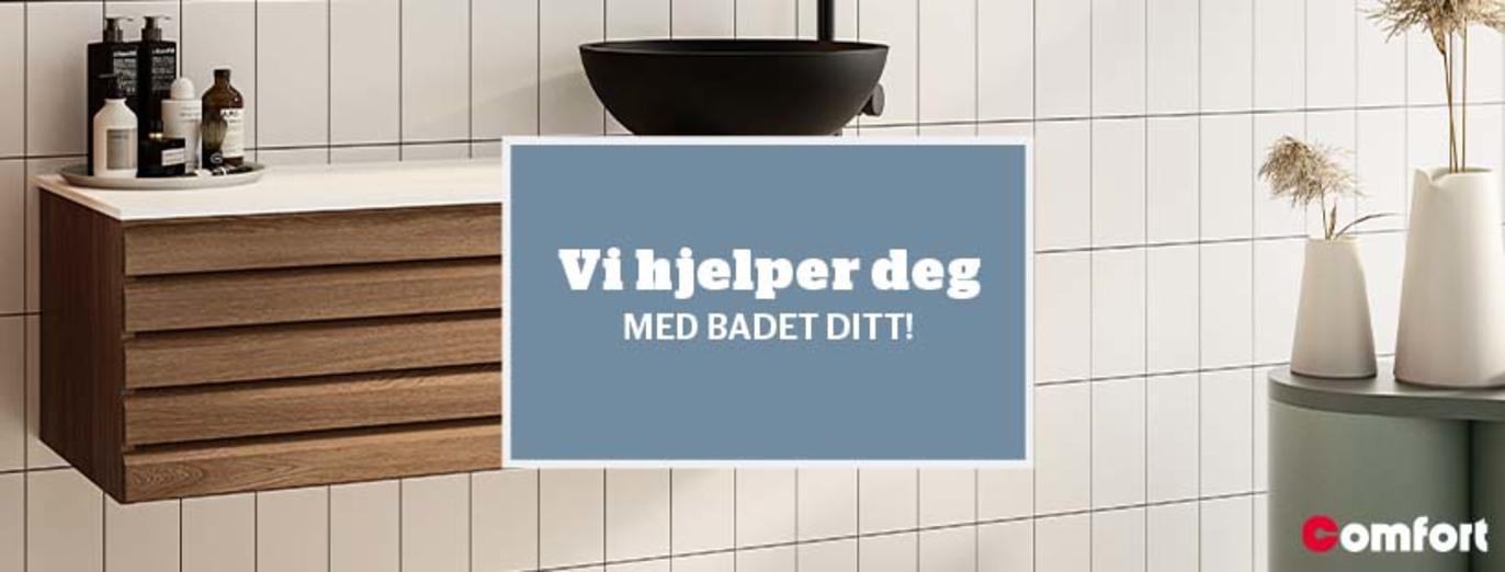 Moderne baderom med tre skap og produkter, med teksten "Vi hjelper deg med badet ditt" i midten.