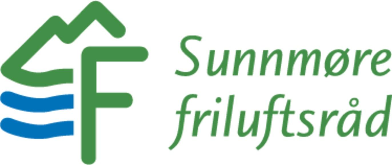 Logo for Sunnmøre friluftsråd med fjell, elv og grønn tekst.