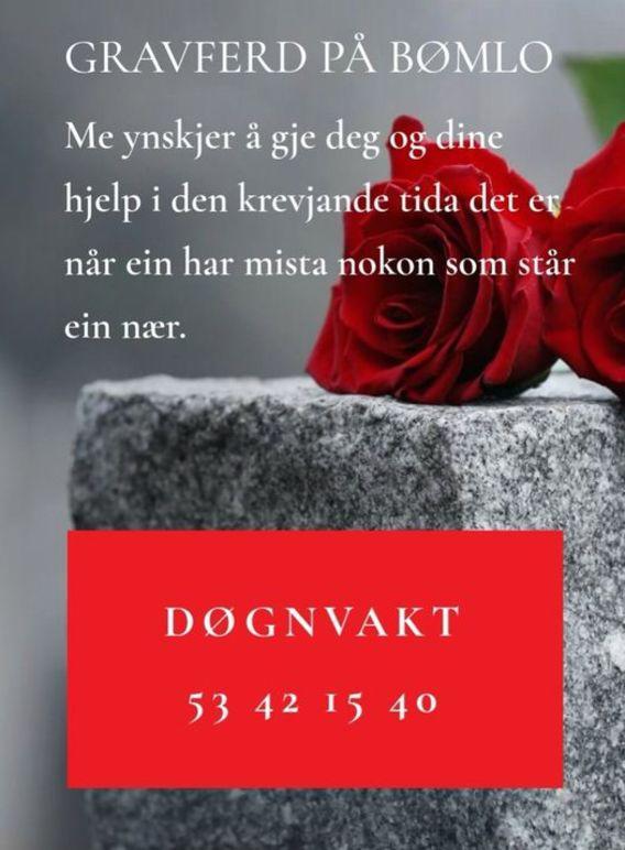 Gravferd på Bømlo med røde roser og informasjon om døgnvakt for hjelp ved tap av nærstående.