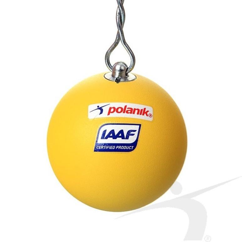 Gul treningsball hengende fra en krok, merket med Polanik og IAAF-logoer.