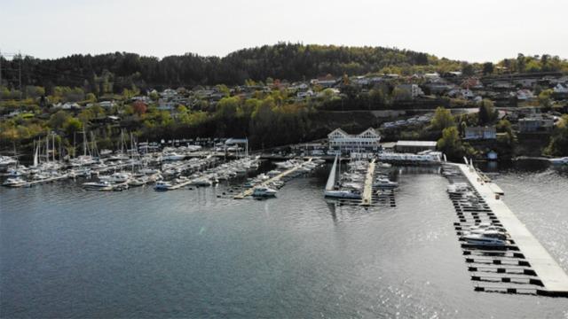 En oversikt over en marina med båter, brygger og boliger i bakgrunnen, omgitt av grønn natur.