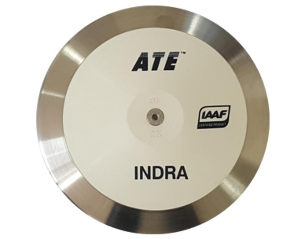 Diskos med navnet "Indra" og IAAF-logo, designet for friidretts konkurranser.