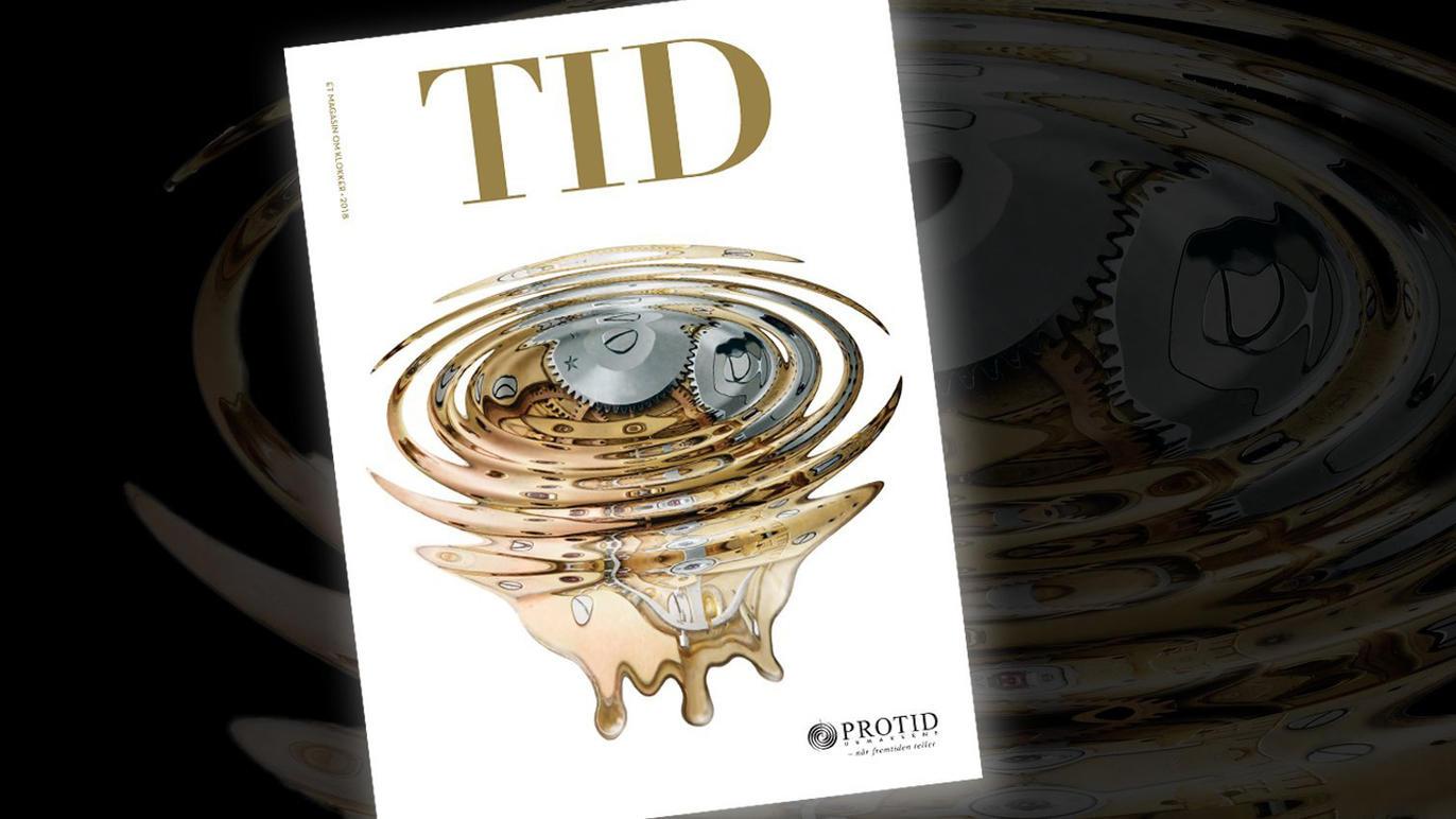 Forsiden av tidsskriftet "TID" med gullfargede tannhjul og bølger i bakgrunnen.