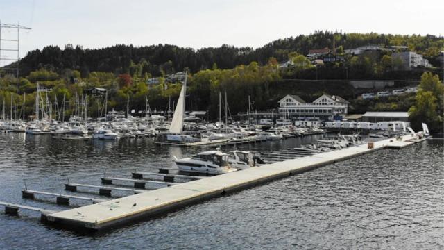 Båthavn med flere seilbåter og motorbåter, omkranset av grønne trær og bygninger i bakgrunnen.