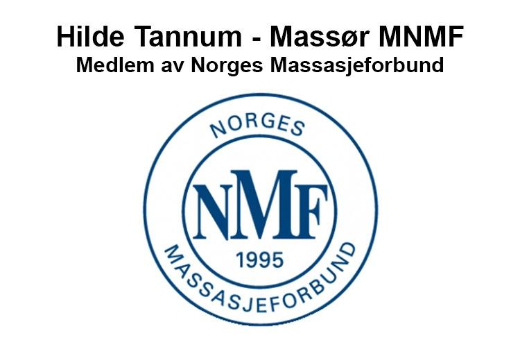 Hilde Tannum, massør MNMF, medlem av Norges Massasjeforbund, logo med tekst og årstall 1995.