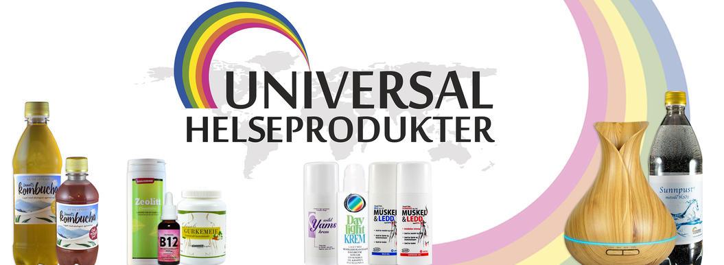 Bilde av Universal Helseprodukter med ulike helseprodukter som oljer, kosttilskudd og en aromadiffuser.