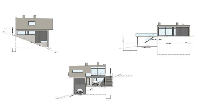 Tegning av moderne hus med tre fasader, inkludert garasje og store vinduer, plassert på en skråning.