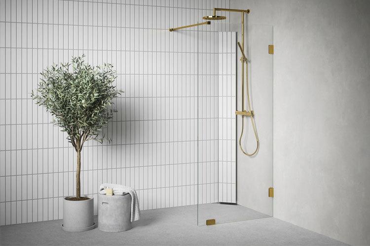 Moderne dusj med glassvegg, gullfarget dusjhode, og en potteplante i hjørnet. Minimalistisk interiørdesign.