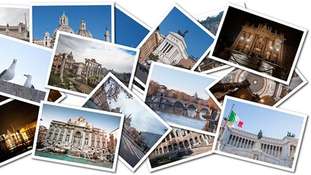 En collage av bilder som viser kjente bygninger og landemerker fra Roma, inkludert kirker og broer.