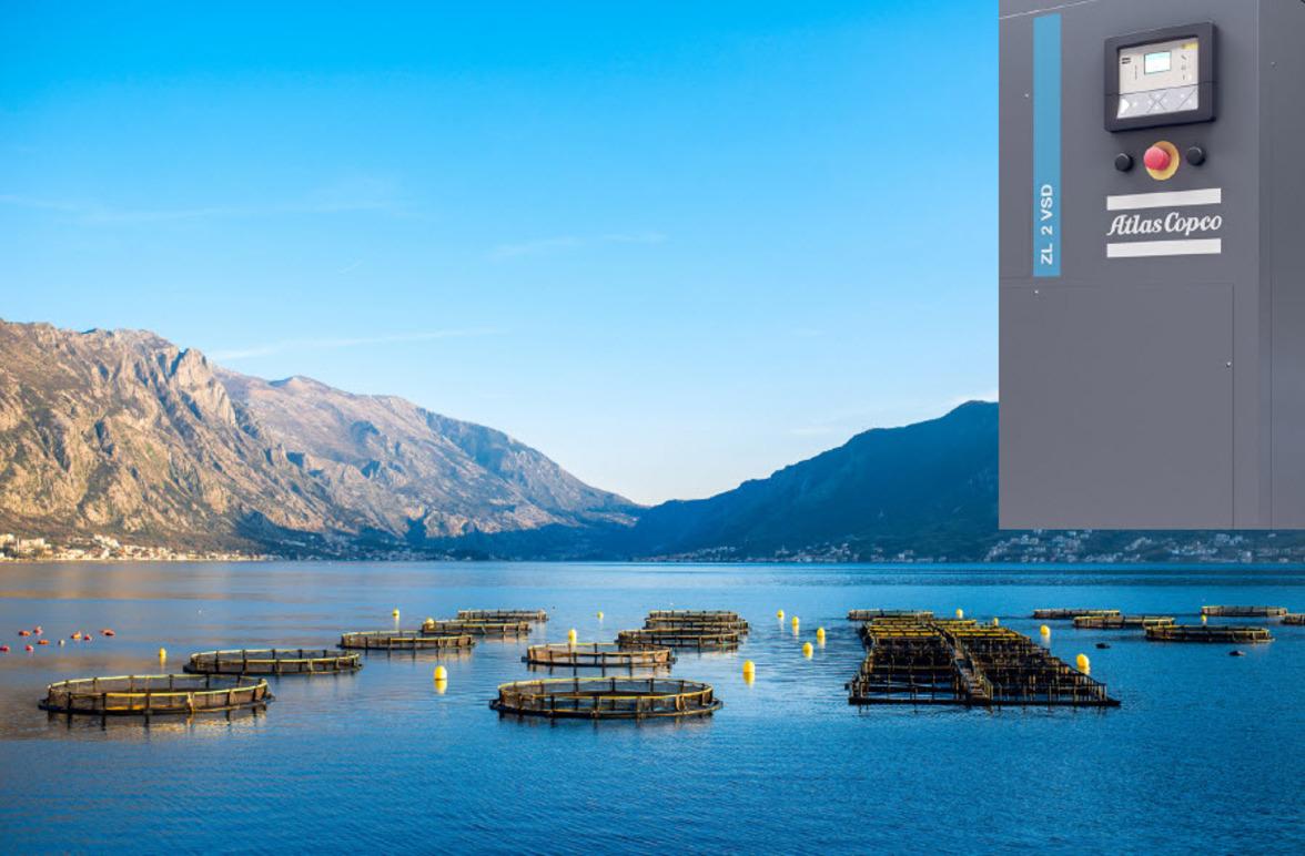 Fiskefarmer i en fjord med fjell i bakgrunnen og en kontrollboks i hjørnet av bildet.