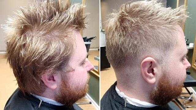 En mann med kort, blondt hår og skjegg, vist fra siden etter en frisørbehandling.