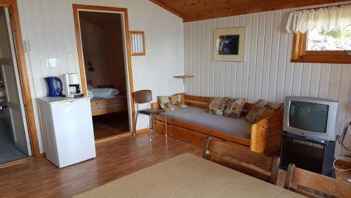 Stue i hytte med sofa, bord, TV, kjøleskap og dør til soverom. Lys og koselig interiør med trevegger.