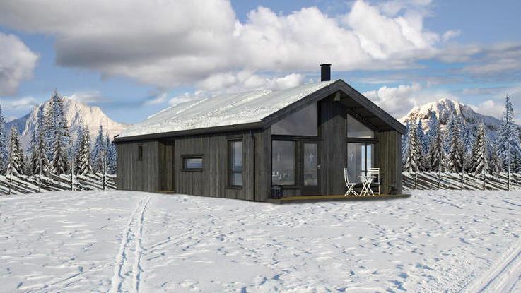 Moderne hytte i snødekt landskap med fjell i bakgrunnen og uteplass med stoler.