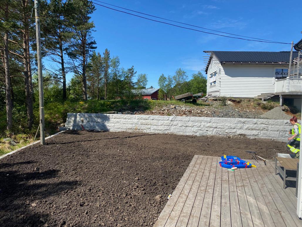 En nyanlagt hage med grus og en mur, omgitt av trær og hus i bakgrunnen.