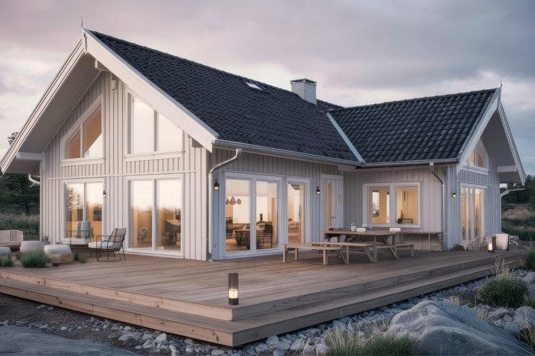 Moderne enebolig med stor terrasse, store vinduer og lys fasade, omgitt av natur og stein.