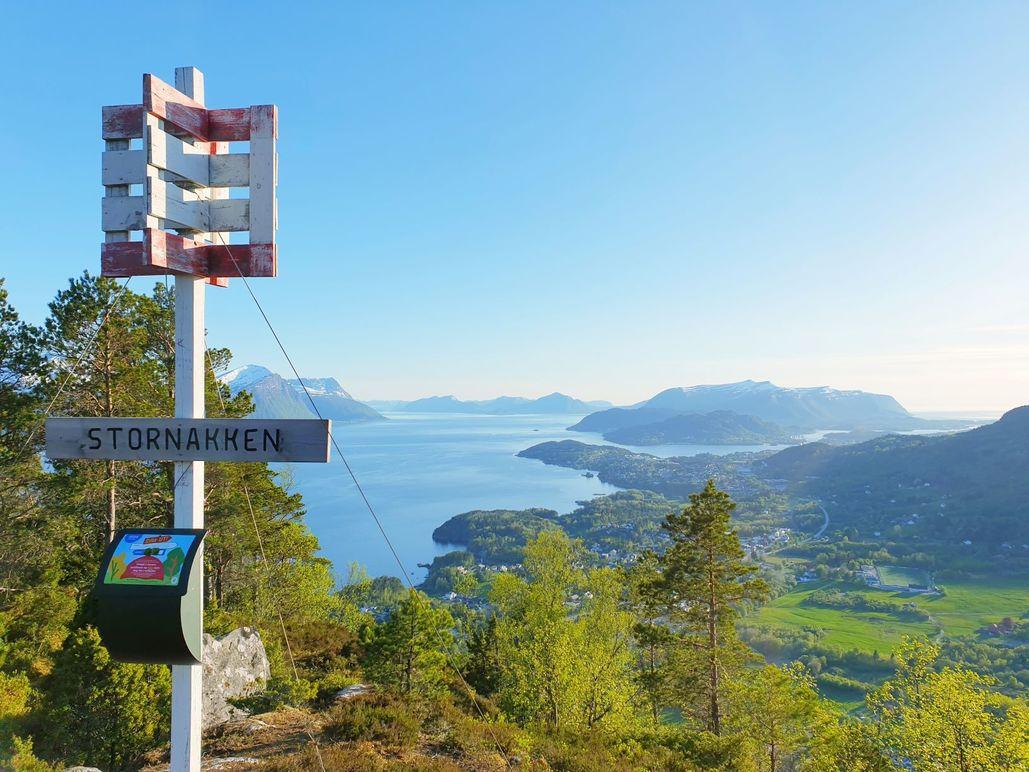 Utsikt fra Stornarken med fjord, fjell og grønn natur under en klar blå himmel.