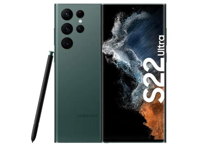 Grønn Samsung Galaxy S22 Ultra med S Pen, viser en stor skjerm og seks kameraer på baksiden.