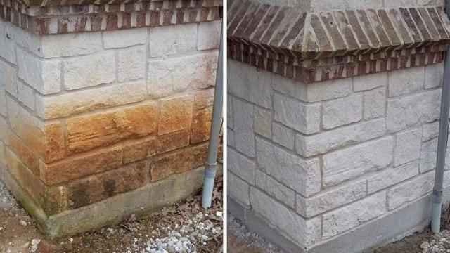 Før og etter bilde av en steinvegg med renset overflate og synlig forskjell i farge og renhet.