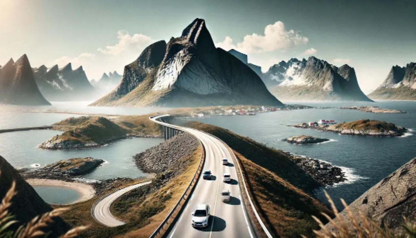 En vakker vei som snirkler seg gjennom fjell og vann, med biler som kjører i en naturskjønn norsk landskap.