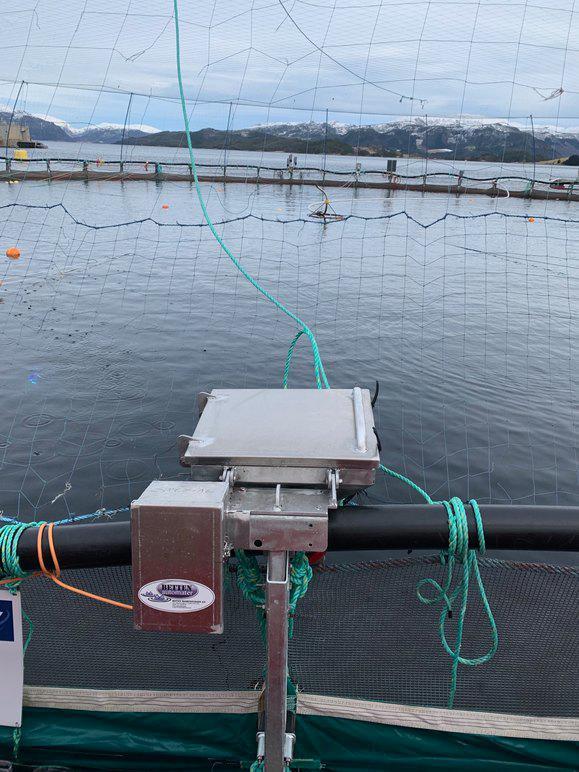 Bilde av en fiskeoppdrettsanlegg med nett og utstyr for overvåking av vannkvalitet.