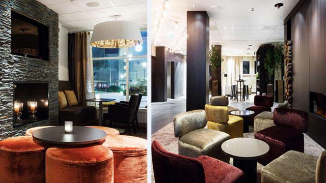Moderne lounge med komfortable stoler, peis og stilige bord i en koselig atmosfære.