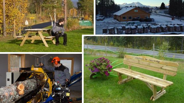 Bilder av benker i naturen, en person som sitter på en benk, og en hytte med snø i bakgrunnen.