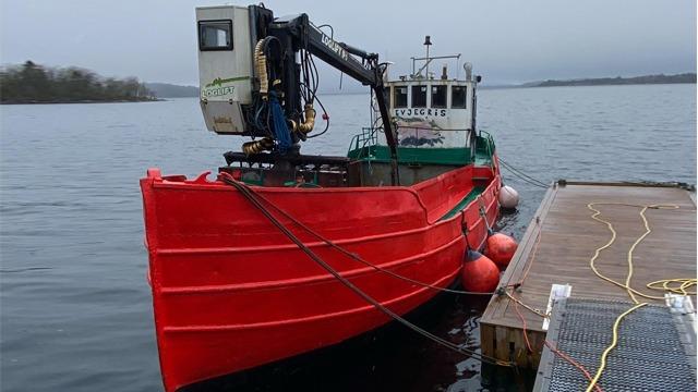 En rød fiskebåt med kran ligger ved en brygge på en grå dag ved sjøen.