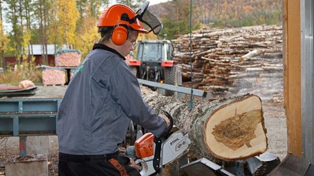 En mann i verneutstyr bruker en motorsag på en trestamme i en skogbrukssetting. Traktorer er synlige i bakgrunnen.