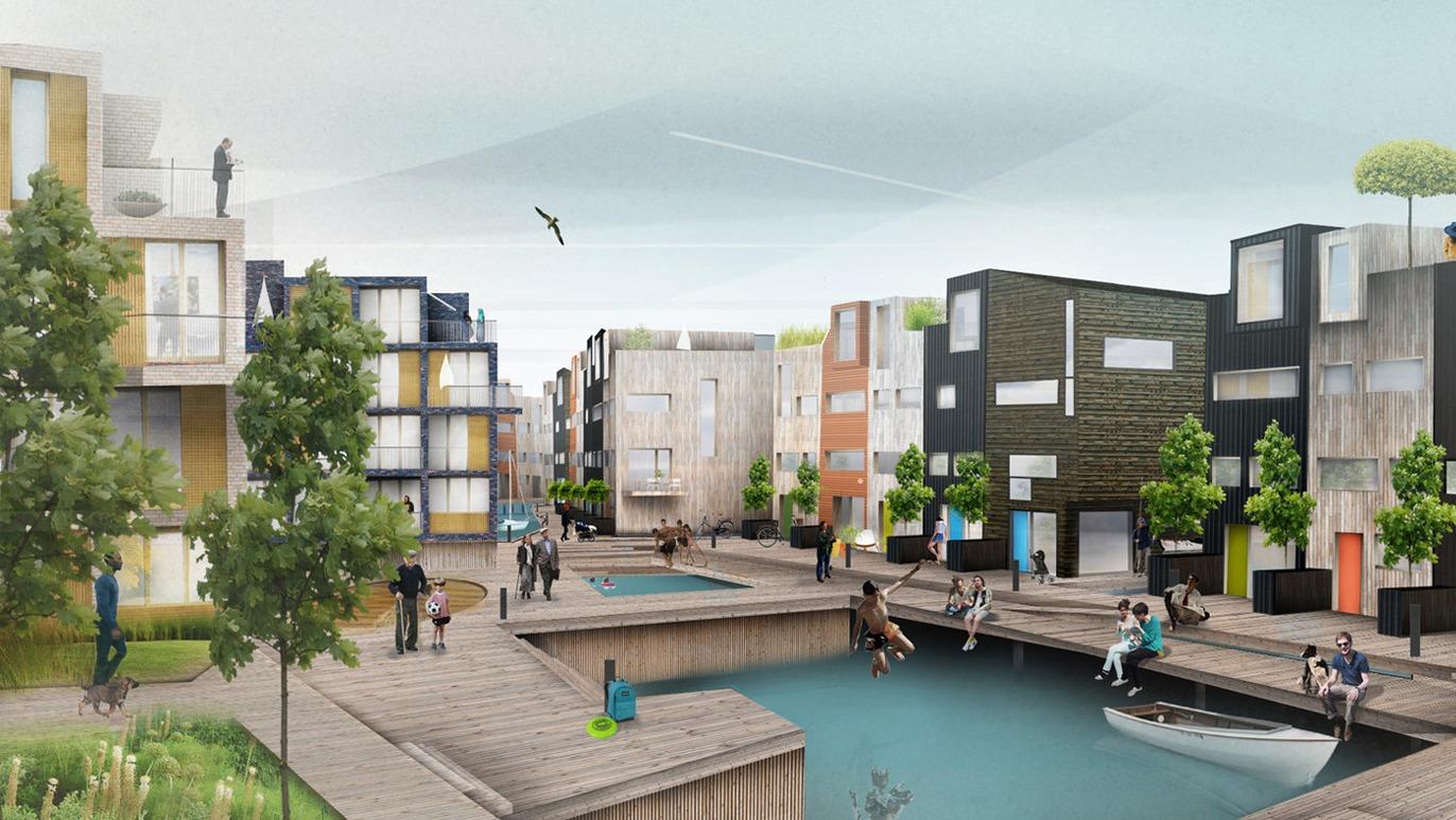 Moderne boligområde med kanaler, trær og mennesker som nyter utendørsaktiviteter. Arkitektur i ulike farger og former.