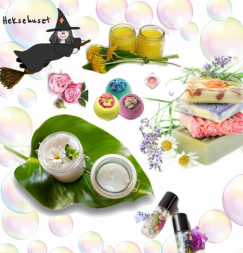 Håndlagde såper, kremer og duftprodukter med blomster og fargerike ingredienser i en kreativ setting.