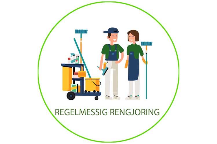 To personer med rengjøringsutstyr, inkludert en rengjøringsvogn, mopper og rengjøringsmidler.