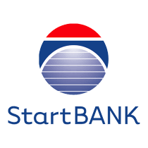 Logoen til StartBANK med en rød, hvit og blå sirkel og teksten "StartBANK" under.
