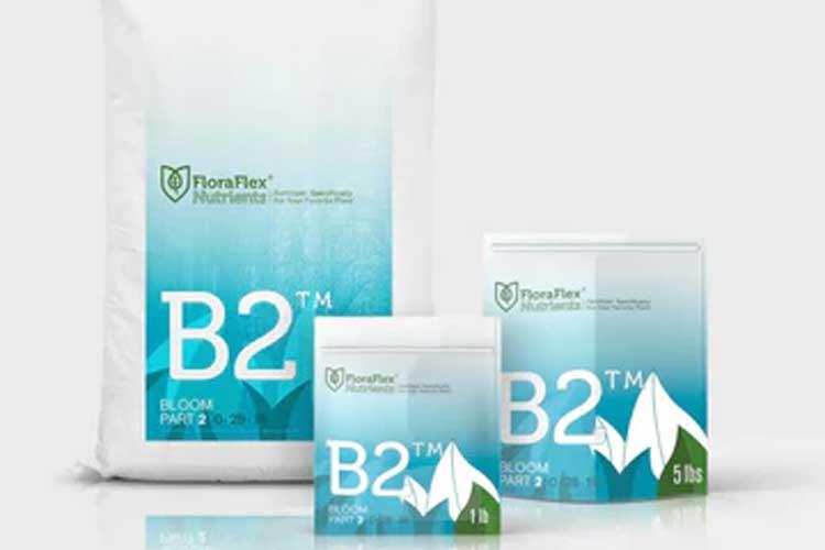B2™ produkter fra FloraFlex, inkludert pulver og pakker, designet for plantevekst og ernæring.