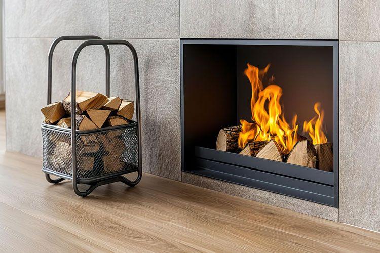 Moderne peis med flammer og en kurv med ved ved siden av på et tregulv.