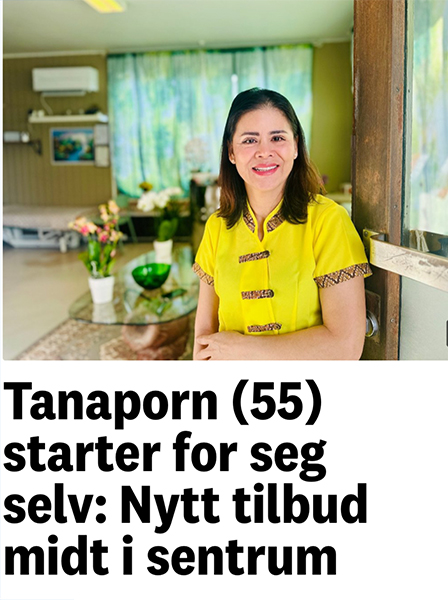 Kvinne i gul bluse smiler foran en moderne stue med planter og møbler, med tekst om nytt tilbud i sentrum.