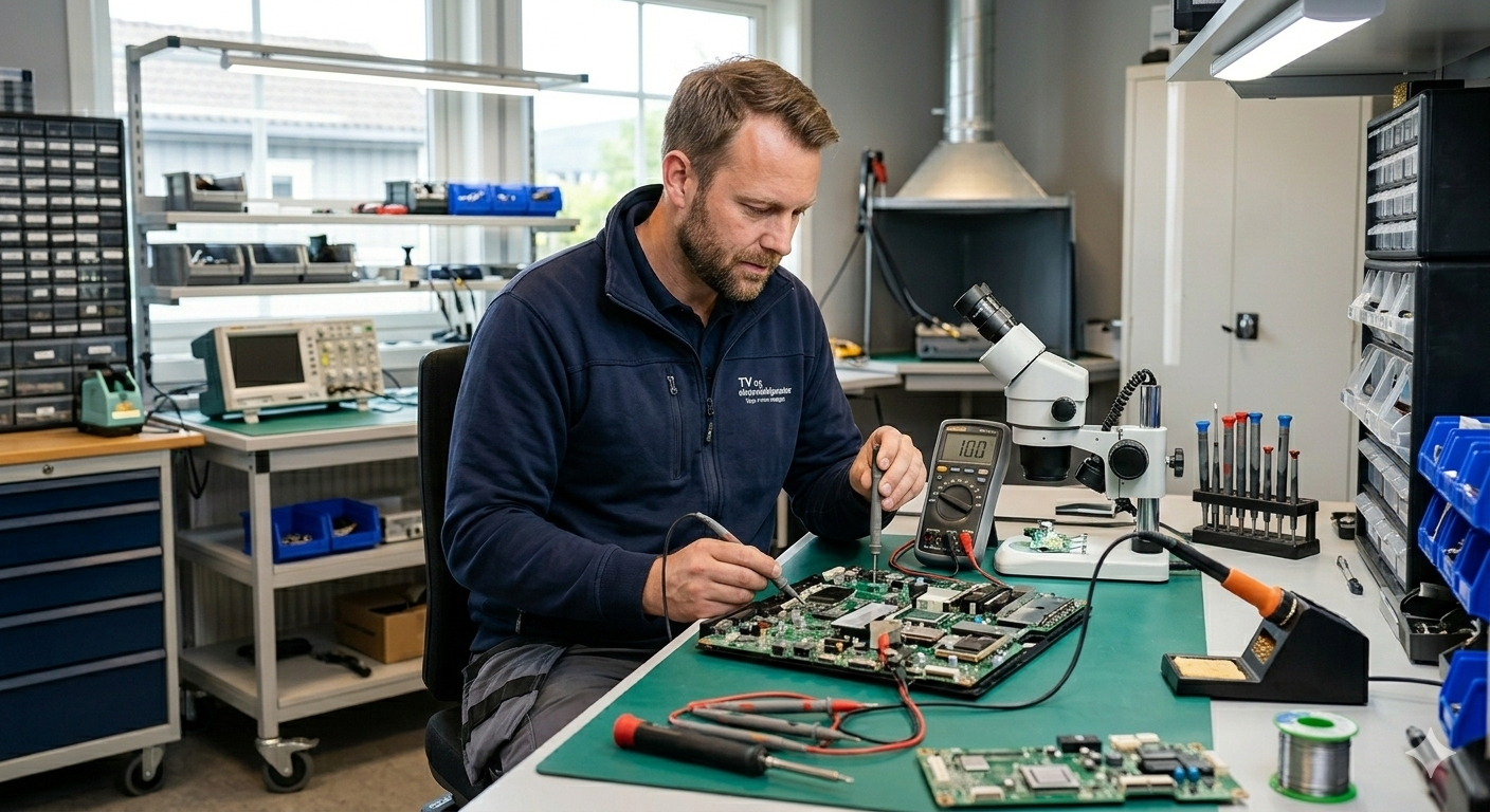 En mann jobber med elektronikk på et verksted, bruker verktøy og måleinstrumenter på et kretskort.