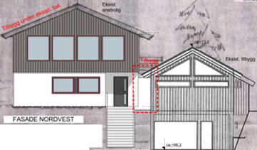 Tegning av fasade nordvest med eksisterende hus og tilbygg under eksisterende tak.