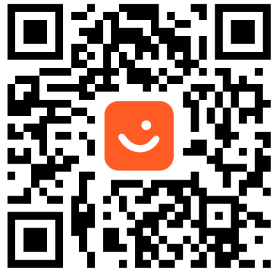 QR-kode med en oransje logo i midten som viser et smilende ansikt.