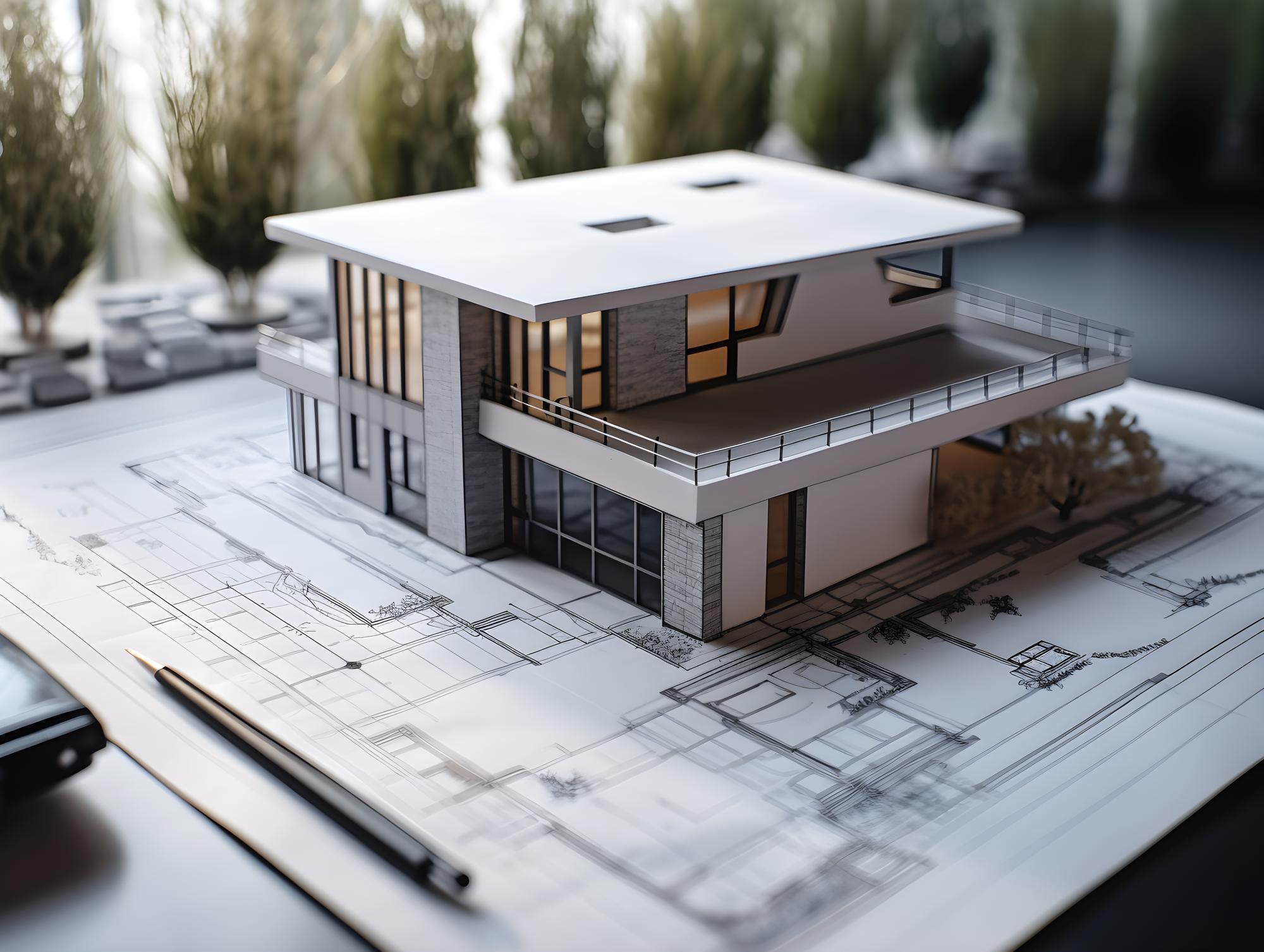 Modell av moderne hus med balkong, plassert på arkitekttegning med detaljerte mål og linjer.